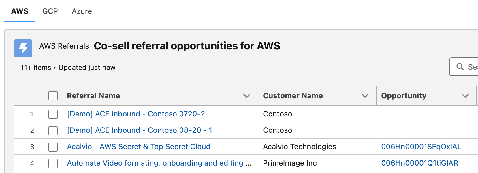 Fours Salesforce table view with new sortable and filterable columns for marketplace listings