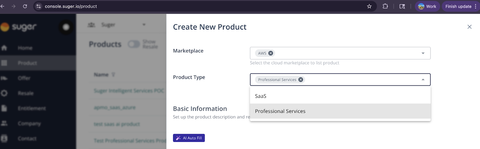 Professional services listing form in Fours — packaging, SOW, and pricing fields ready for marketplace publishing