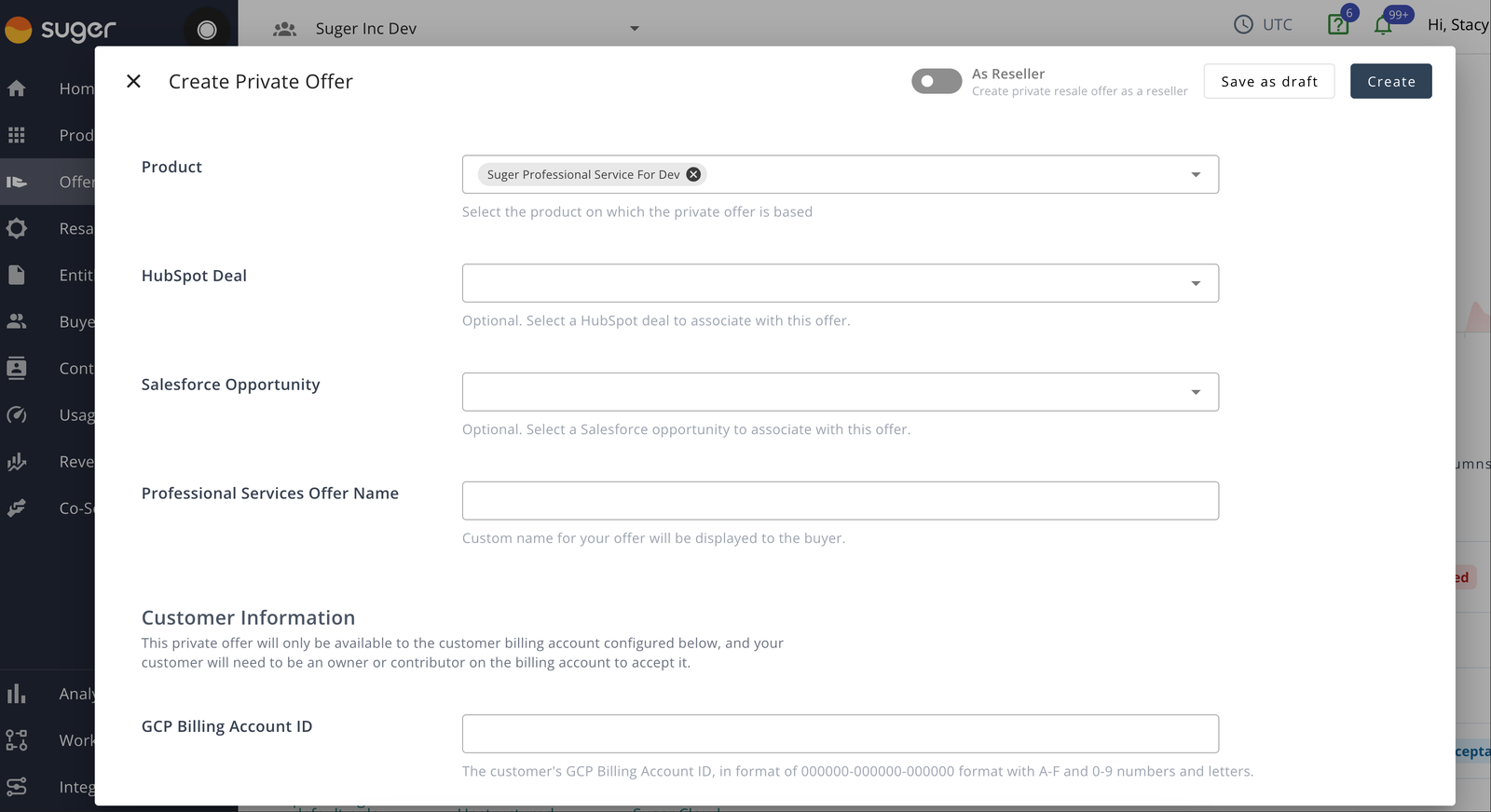 GCP private offer creation flow in Fours — selecting a professional services SKU and setting custom pricing