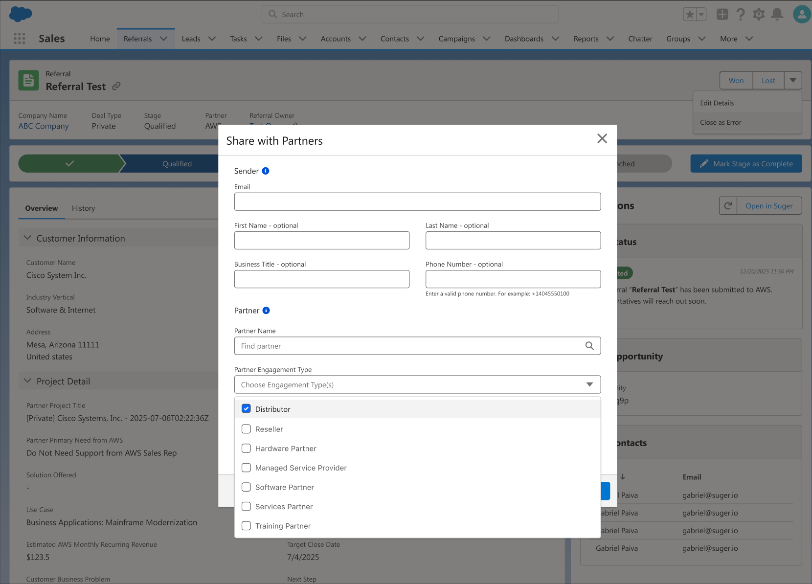 Multi-partner AWS co-sell view in Fours — inviting implementation, resell, and consulting partners into a shared opportunity