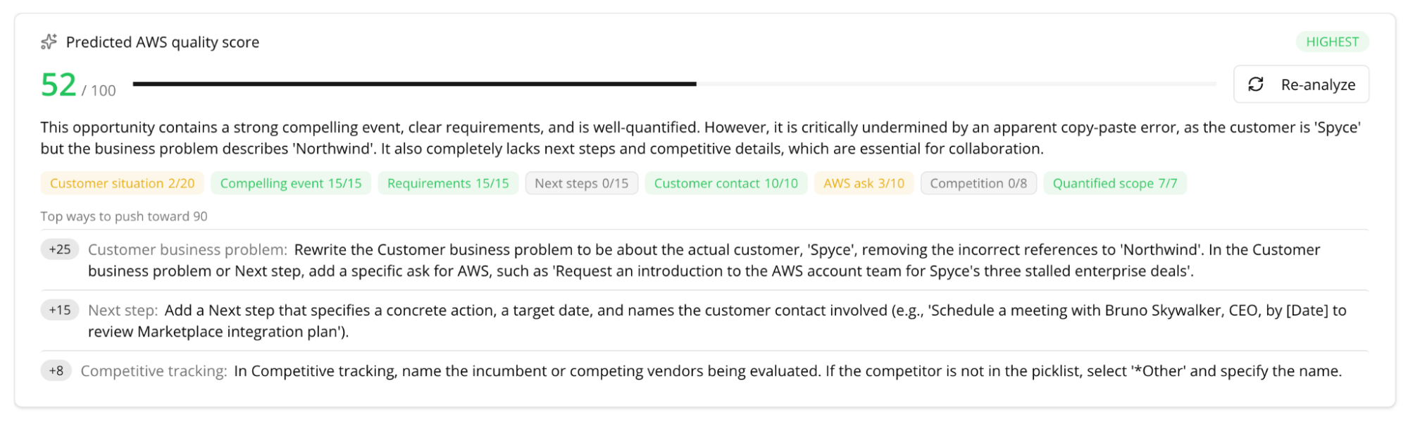 Fours' Predicted AWS quality score card showing 52 out of 100, per-dimension scores including Customer situation 2/20 and Next steps 0/15, and three ranked recommendations worth +25, +15, and +8 points