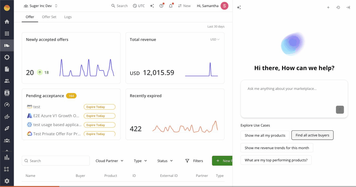 Fours AI side panel automatically picking up the current offer ID from the URL and the failed-validation banner on the page, then answering a question grounded in that context