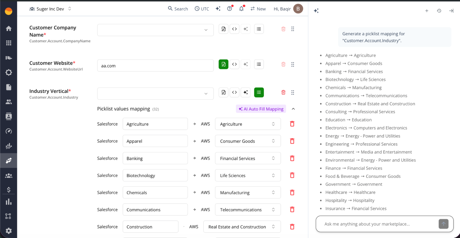 AI Auto Fill Mapping configuration in Fours, translating Salesforce industry picklist values to AWS-required categories like Agriculture, Consumer Goods, Banking, Financial Services, and Life Sciences