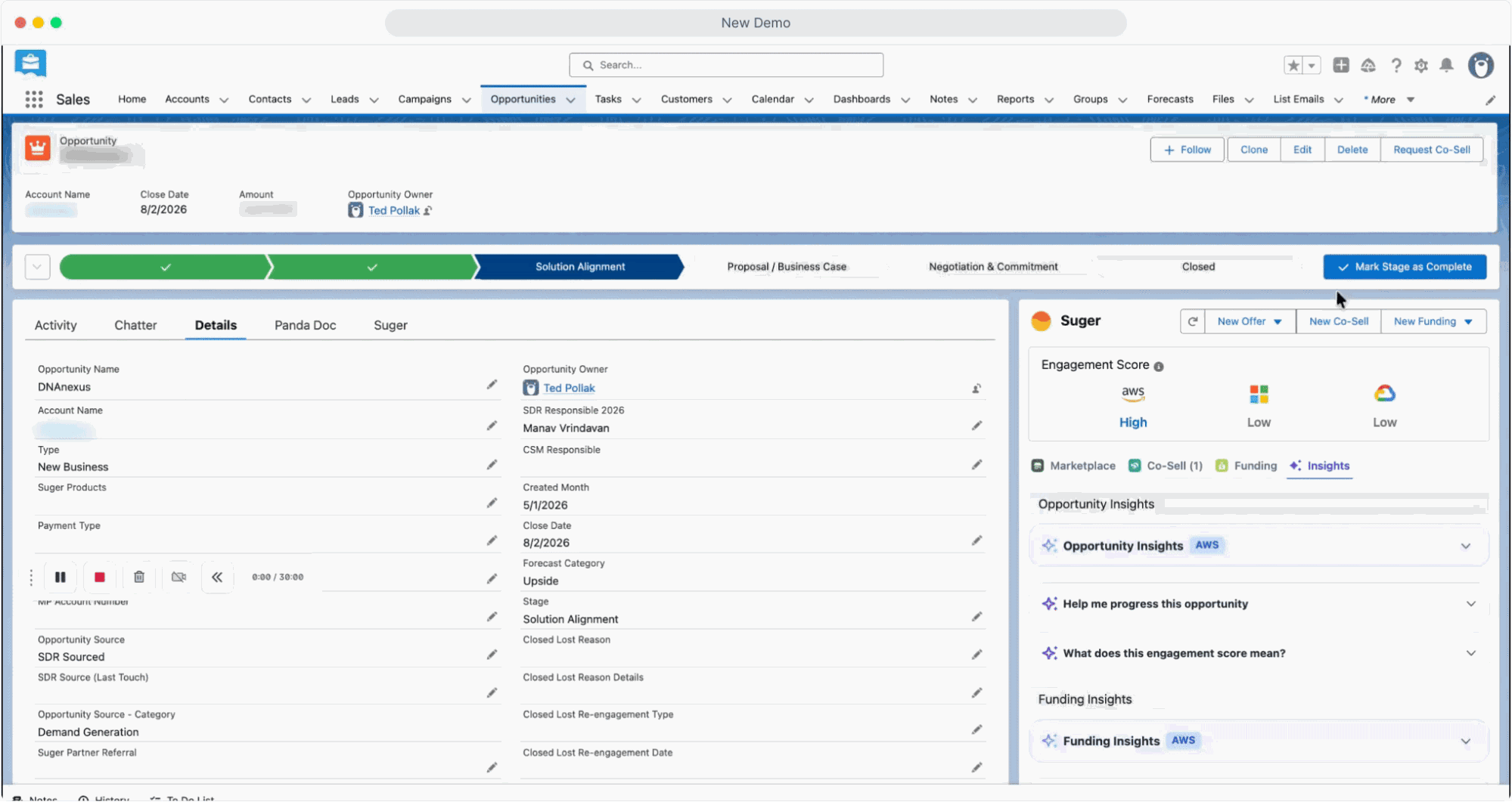 Salesforce opportunity record with the Fours widget showing Marketplace, Co-Sell, Funding, and Insights tabs, including Engagement Score, AWS Opportunity Insights, and Funding Insights panels on a "Negotiation & Commitment" stage opportunity