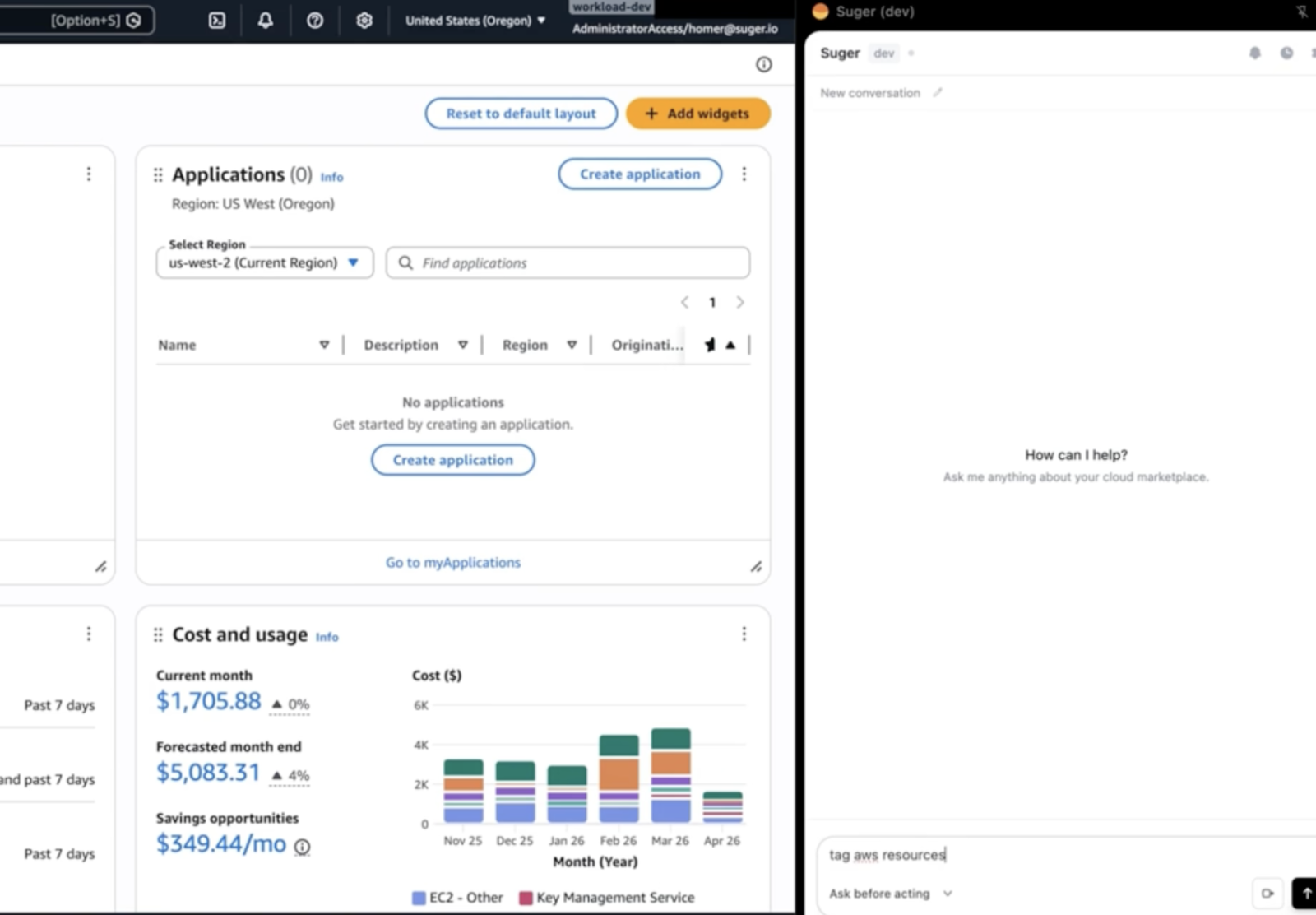 Fours PRM Tagging Chrome Extension running in the AWS console alongside the Applications panel and Cost and Usage dashboard, with a side panel for chatting with Fours about marketplace resource tagging