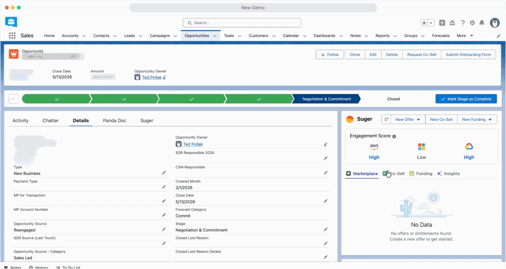 Salesforce opportunity record with the Fours widget showing AWS, Azure, and Google Cloud engagement scores plus Marketplace, Co-Sell, Funding, and Insights tabs for predicted account ownership