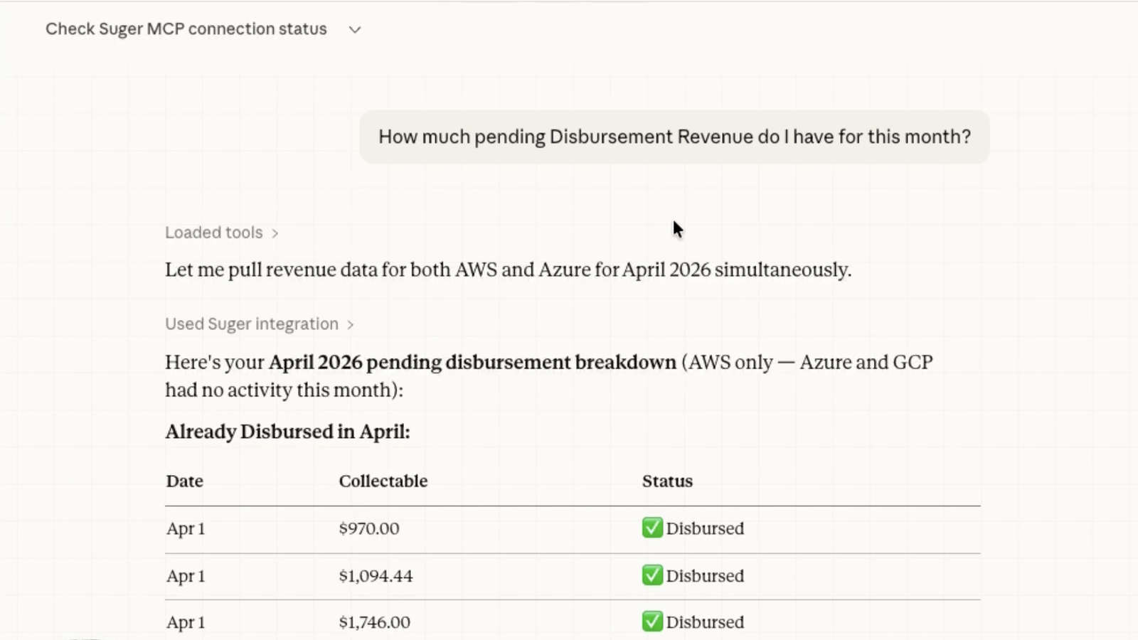 Fours MCP showing pending disbursement revenue queried in natural language across AWS and Azure for April 2026