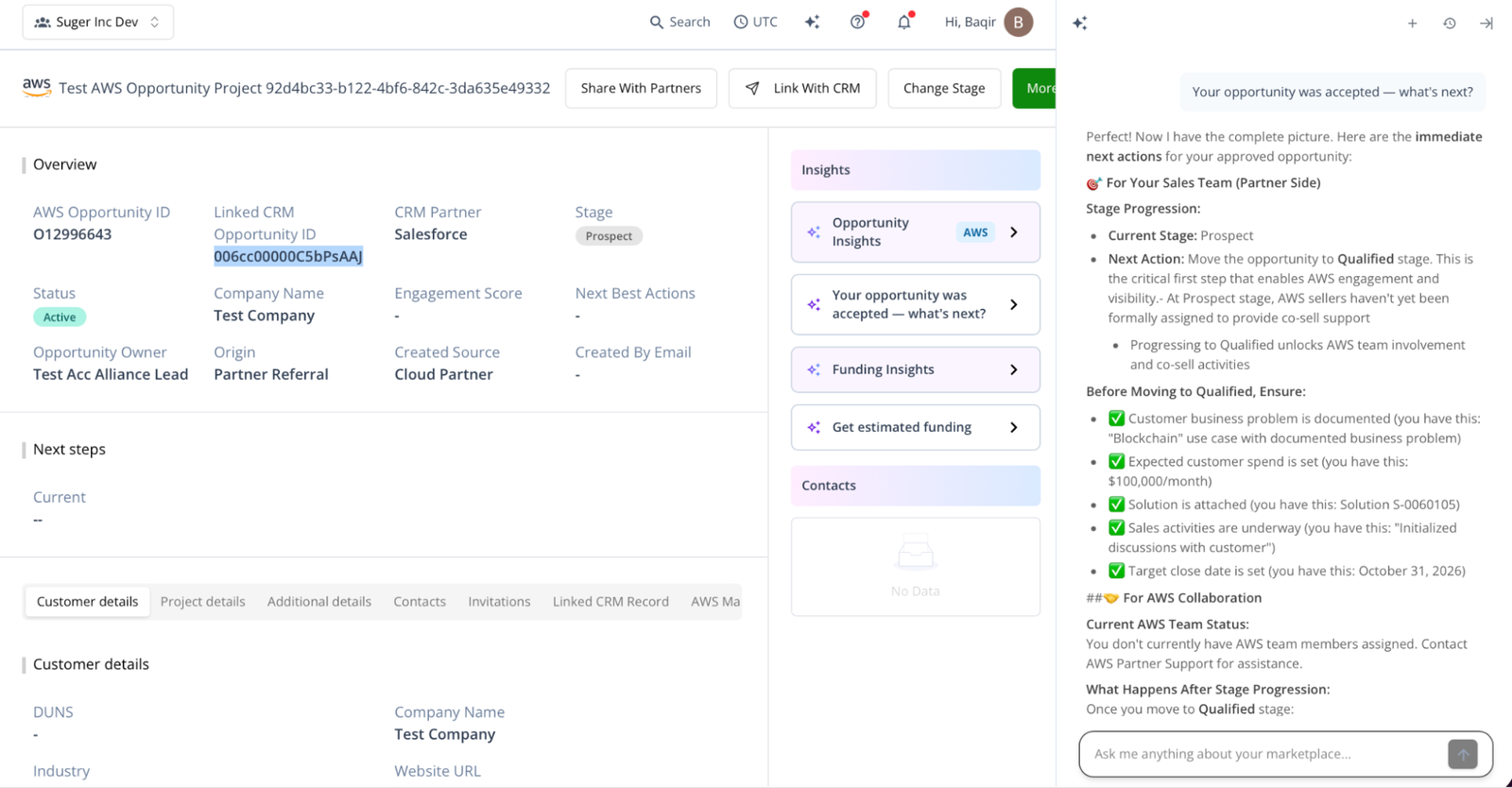 AWS Partner Central Agents showing opportunity insights in the Fours console
