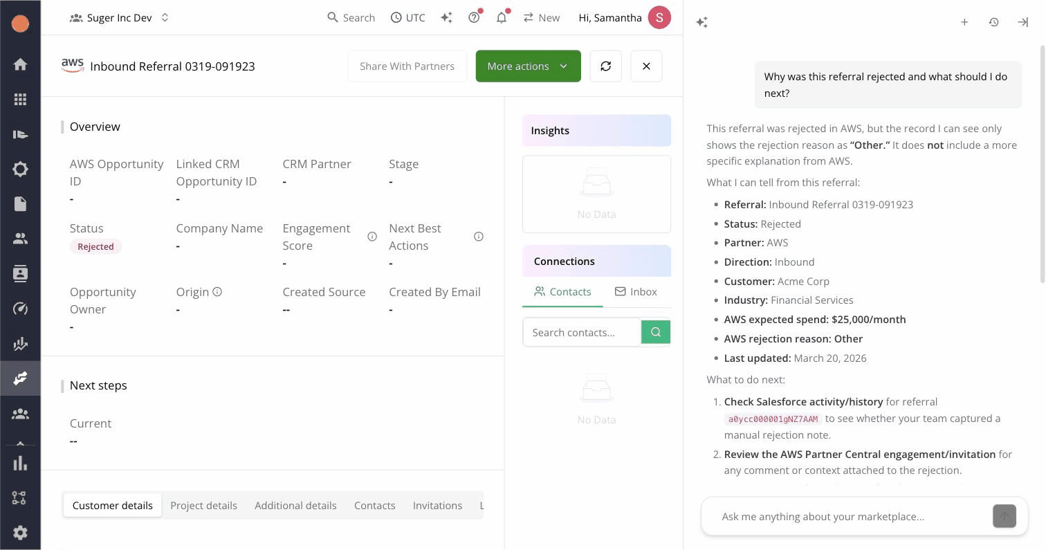 Three-up of an AWS ACE, Azure Deal Reg, and GCP referral, each showing Fours AI's diagnose chat panel with the cloud-appropriate explanation
