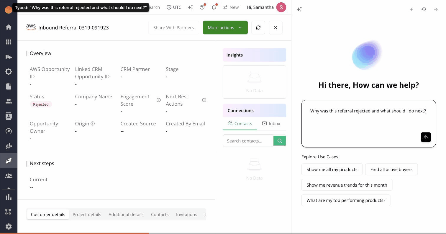 Fours AI chat panel auto-open on a failed AWS ACE referral, explaining a customer-record mismatch and surfacing an "Open Edit Dialog" button to re-submit