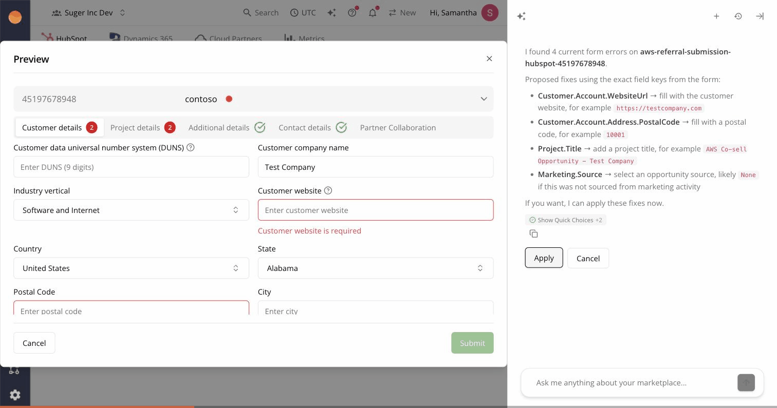 Fours Preview dialog for an AWS referral submission, with the Fours AI chat panel listing four proposed field fixes by exact field path, an Apply button below, then the form auto-populating with every tab turning green and the Submit button enabling
