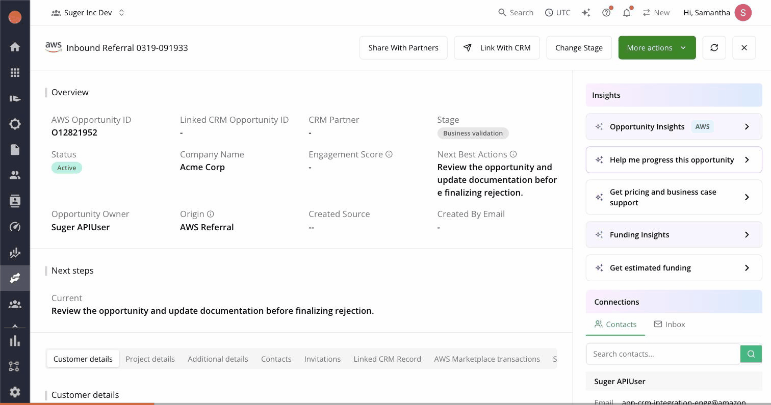 Fours ACE referral detail page with the AI Opportunity Insights panel on the right rail, showing a warning card, a main insight card, and three AI trigger buttons including "Help me progress this opportunity"