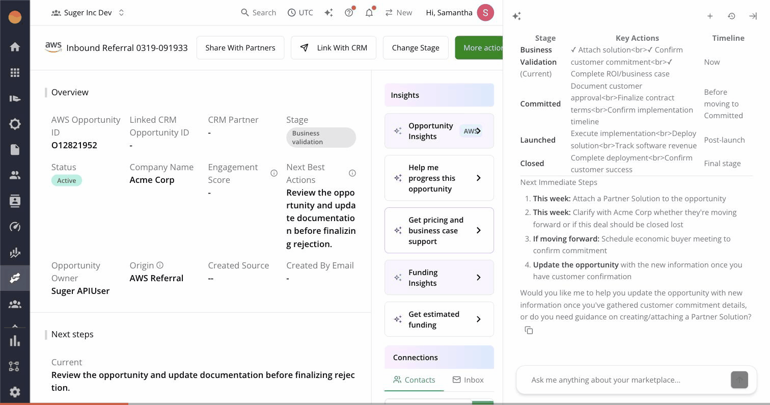 The trigger flow — user clicks "Help me progress this opportunity", Fours AI chat side panel slides open, AI-generated text streams in answering the prompt, "Copy message" button appears at the bottom